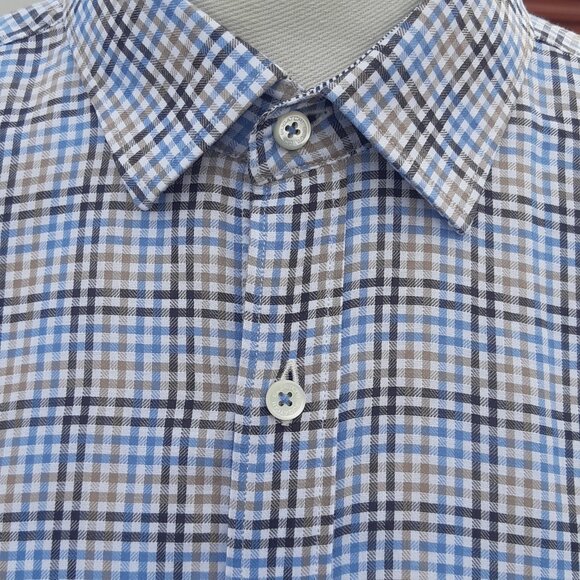 Bugatchi SZ 15.5 Classic Fit Cotton Men's Button Up Shirt- Blue, Tan and White - Picture 2 of 13